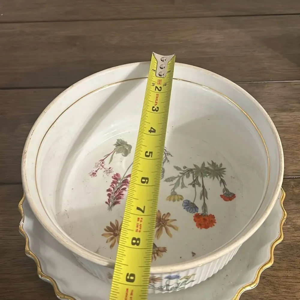 Lourioux France LE FAUNE soufle bowl wildflowers gold trim